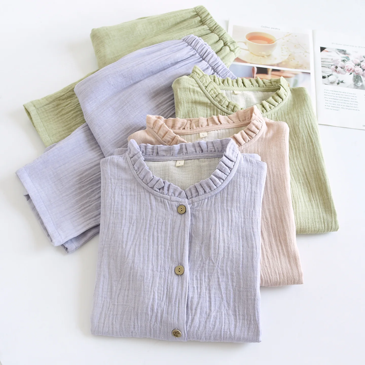 

fresh sweet wrinkly cotton linen pajamas sets women spring casual sleepwear long-sleeve elegant pyjamas