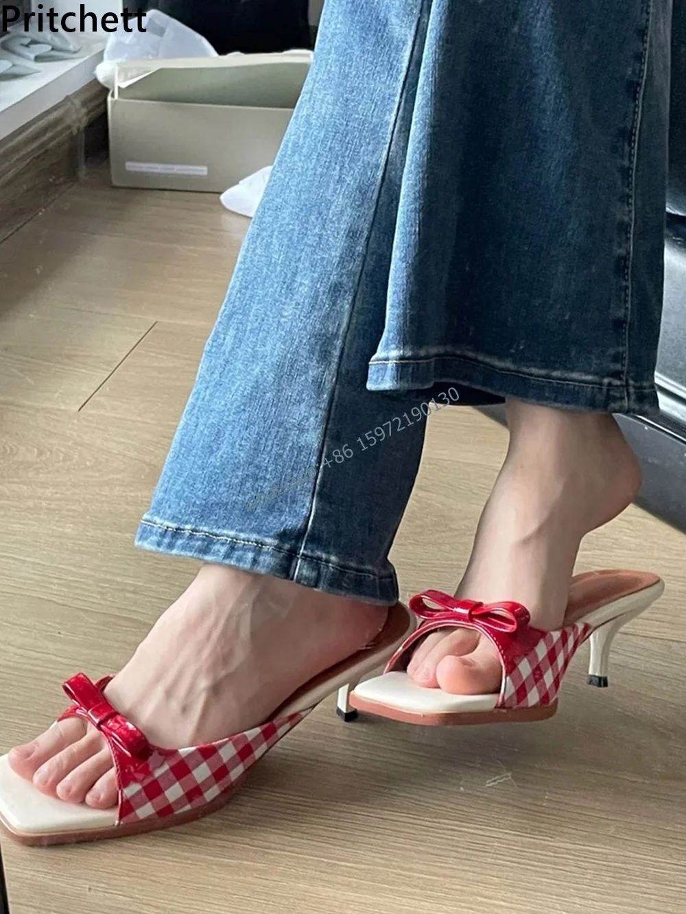 Retro Plaid Bow Sandały Kitten Heels White Red French Style Peep Toe Shoes Mixed Color Sweet and Cute Women's Vocation Shoes