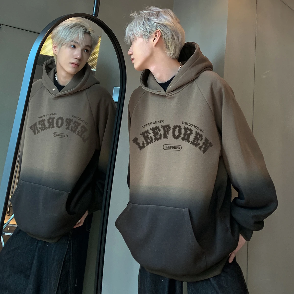 

Men's Faionable Oversized adient Dyed Sweatirt Autumn Winter Heavyweight Loose Fit Hoodie Jaet Polyester Fabric