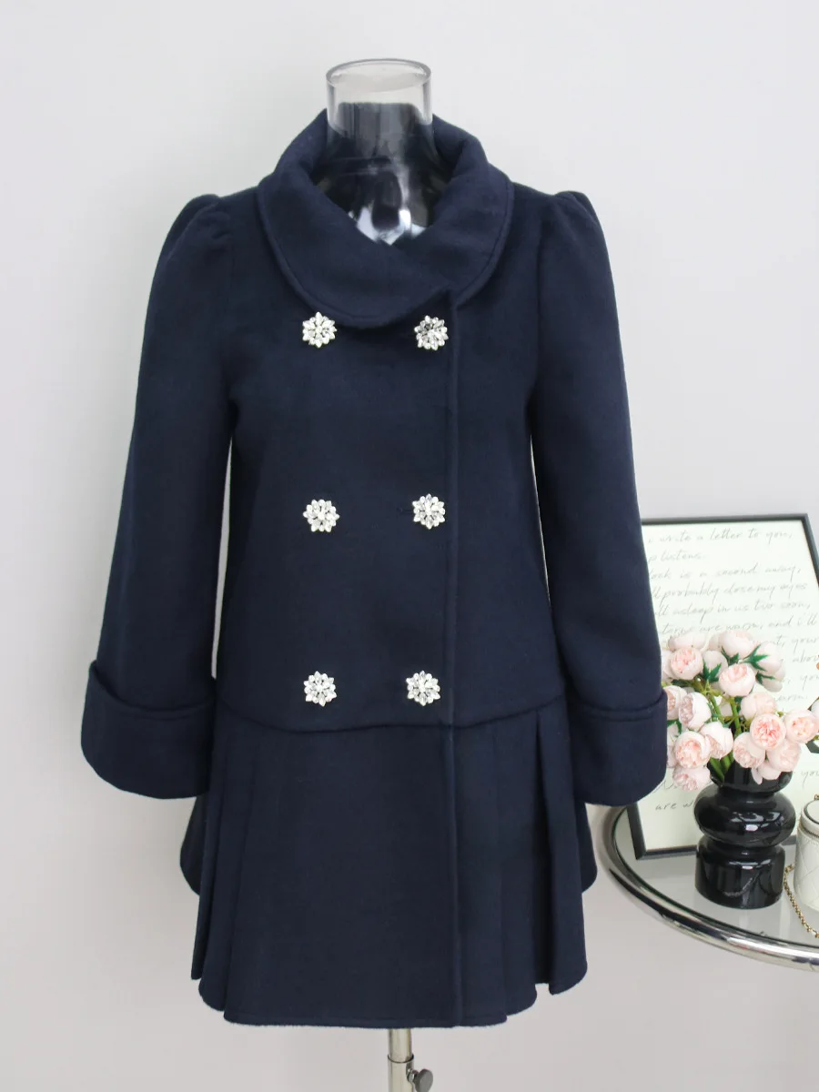 

Kyoto Snow Lane Woolen Coat Accordion Pleat Cloak Vintage Silhouette Rich Misses Long Sve Double Breasted Mid-Length Women...
