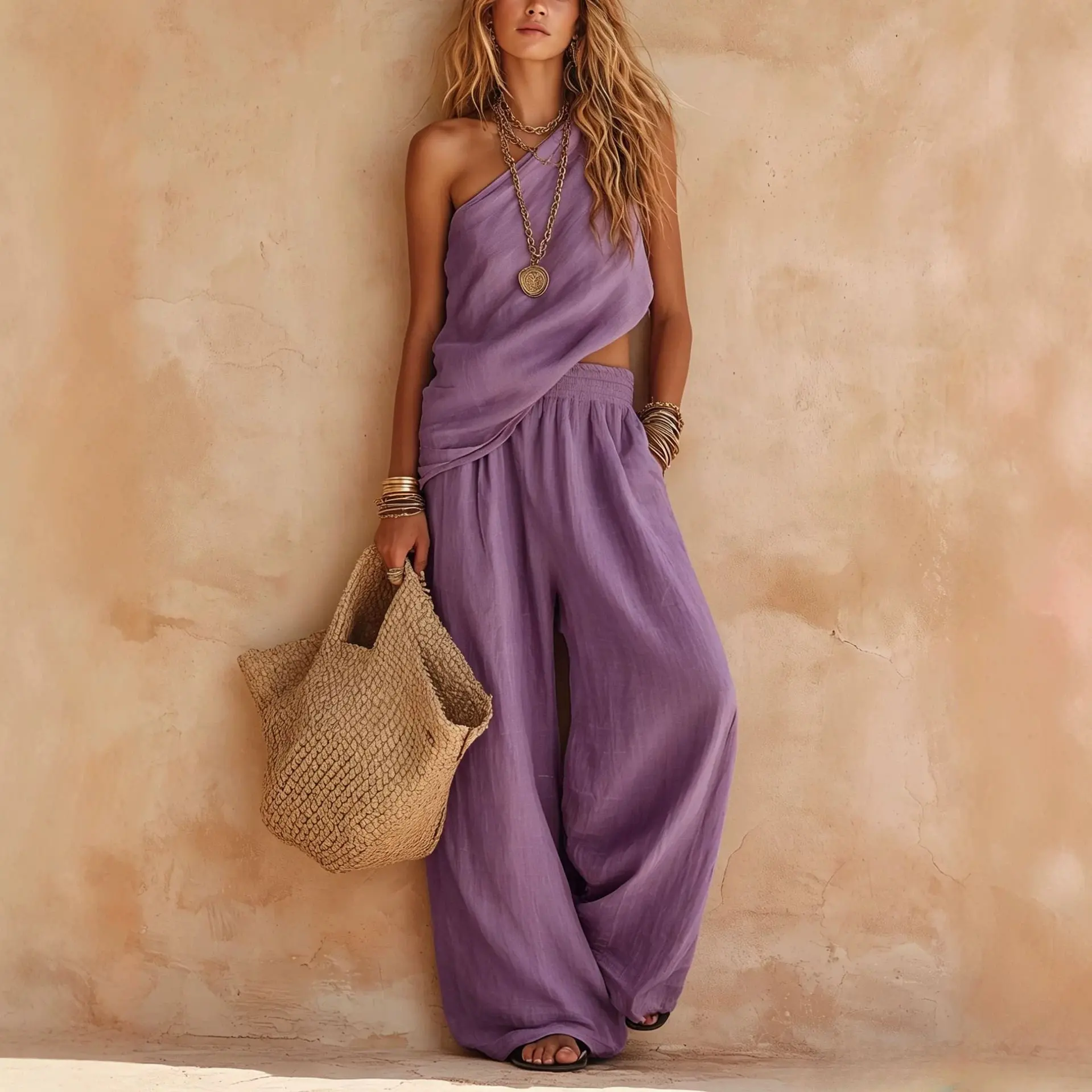 One-shoulder Women Tank Top Pants Two Piece Set Summer Sleeveless Top & Wide-Leg Pants Casual Woman's 2 Piece Outfits view 4