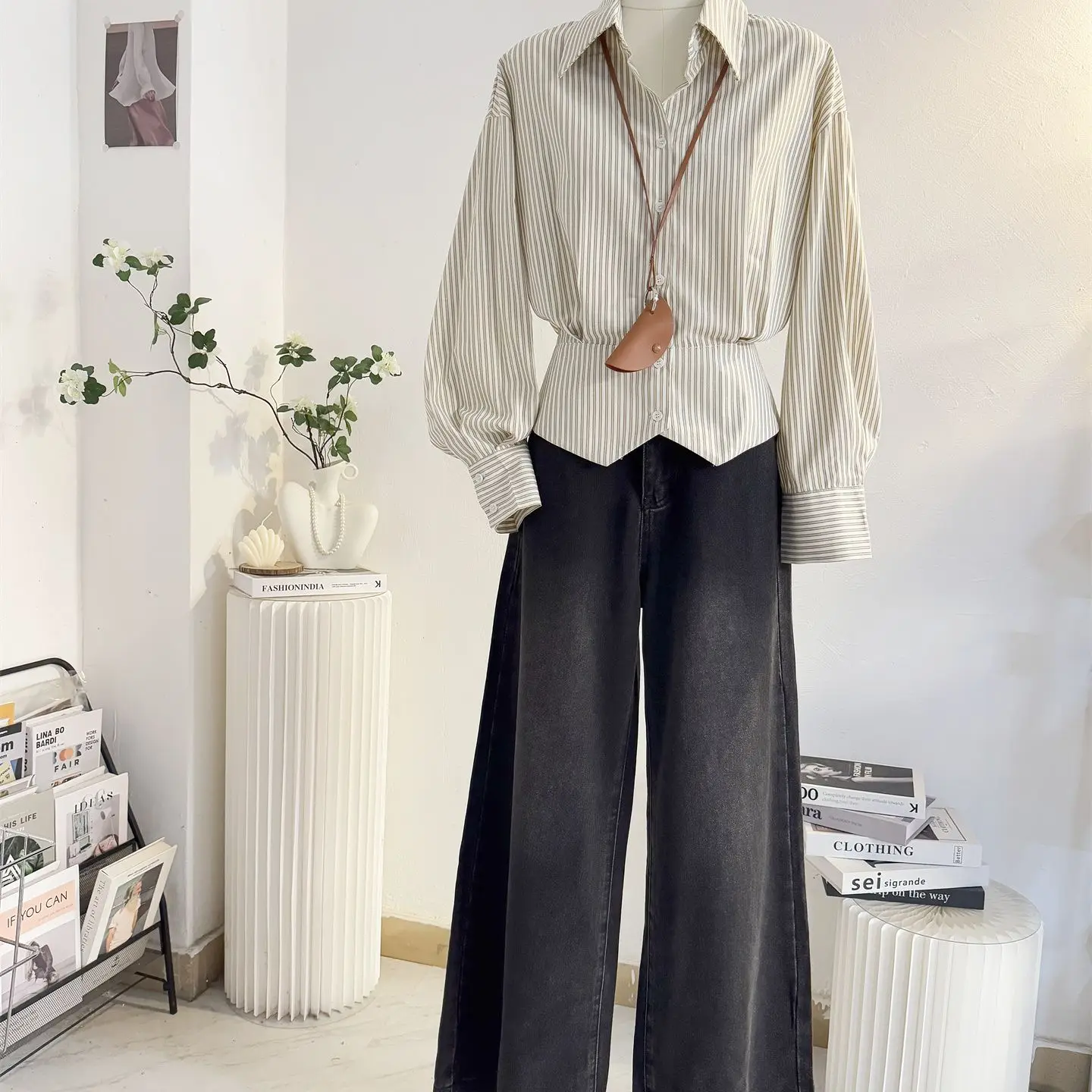 

Женская полосатая рубашка Ele с длинным рукавом, для повседневной носки, с эффектом утончения талии, из дышащего полиэстера, комфортная