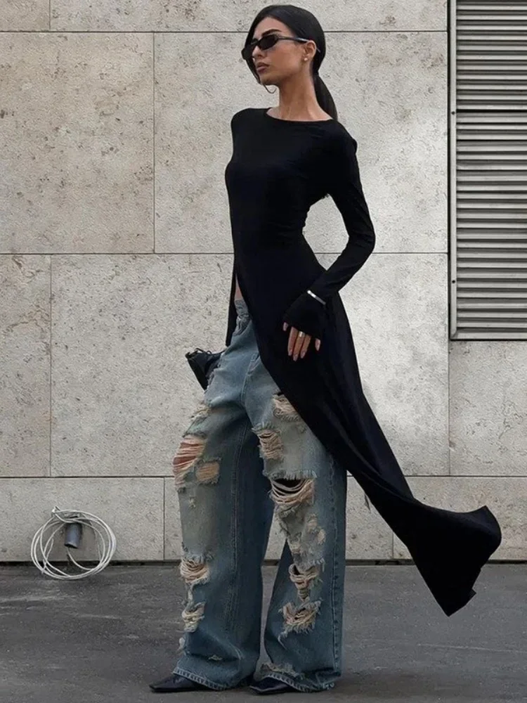 Ein Stück solide sexy Kleid Mode asymmetrische figur betonte Kleid schlanke O-Ausschnitt Langarm Vestidos de Mujer Streetwear Y2k Kleidung