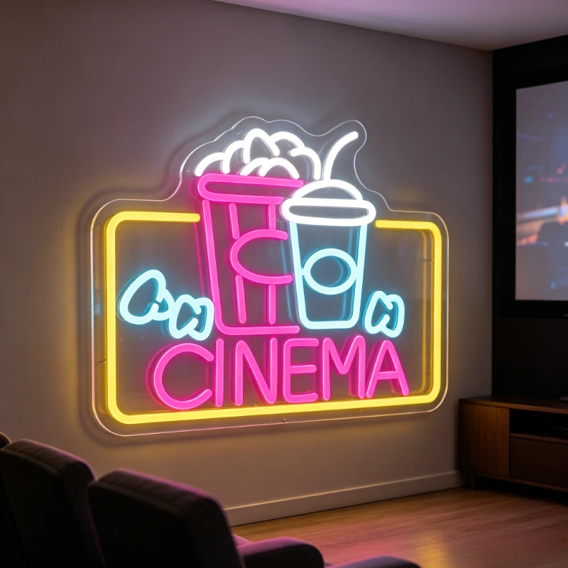 Home Cinema Wall Design - シネマネオンサインUSB調光式LEDネオンライト、ホームシアター映画ルームの壁飾り、ポップコーンとドリンクのデザイン、映画パーティー装飾ランプ