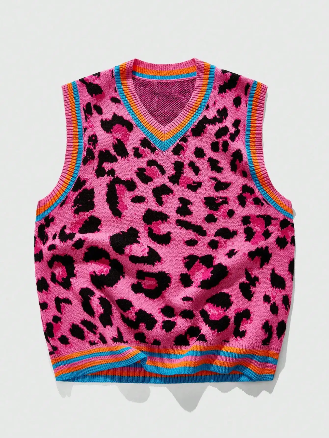 Men's Pink Leopard Print V-Neck Knit Vest with Striped Trim