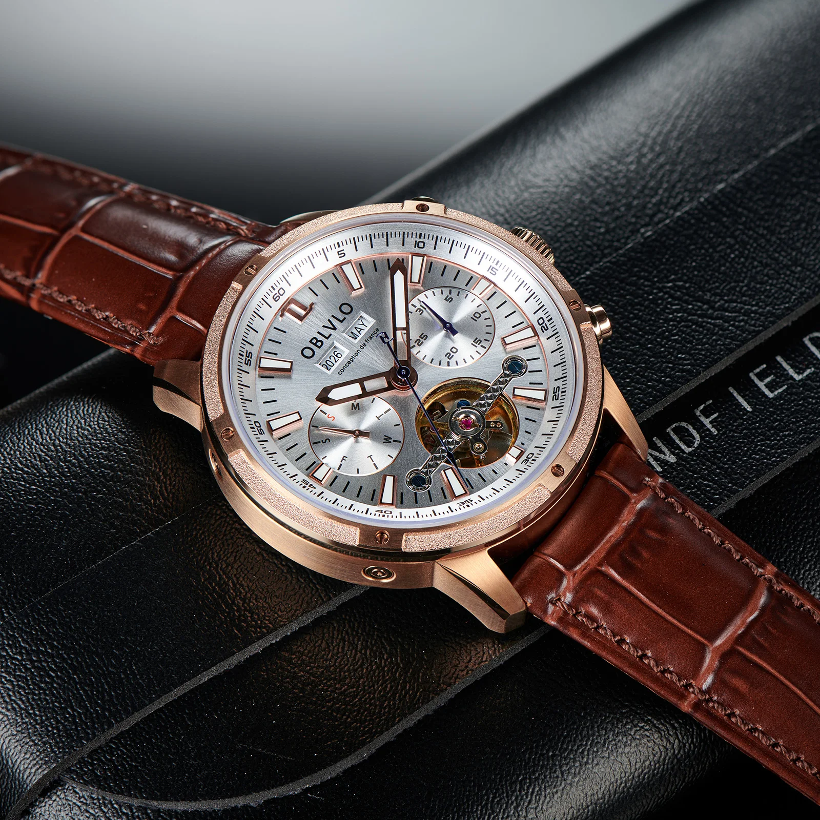 OBLVLO Luxury Rose Gold Automatic Mechanical Watch Tourbillon Watches For Men Super Luminous Watches Strap Watch Waterproof CM-T