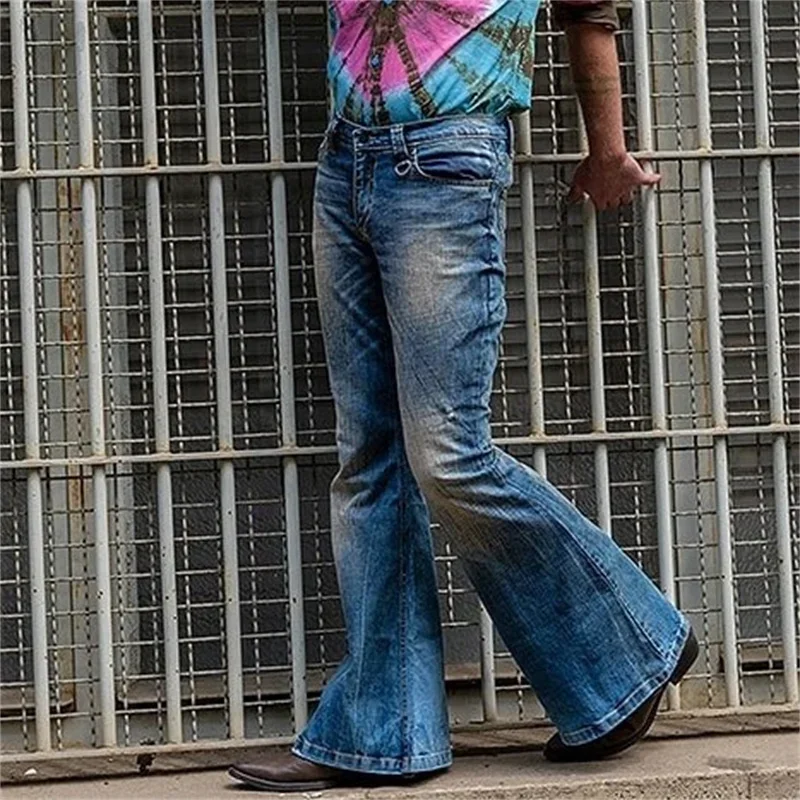 Fashion Punk Style Large Flared Jeans Men's Four Seasons Street Casual High Waist Splice Pocket Denim Pants Male Youth Trousers