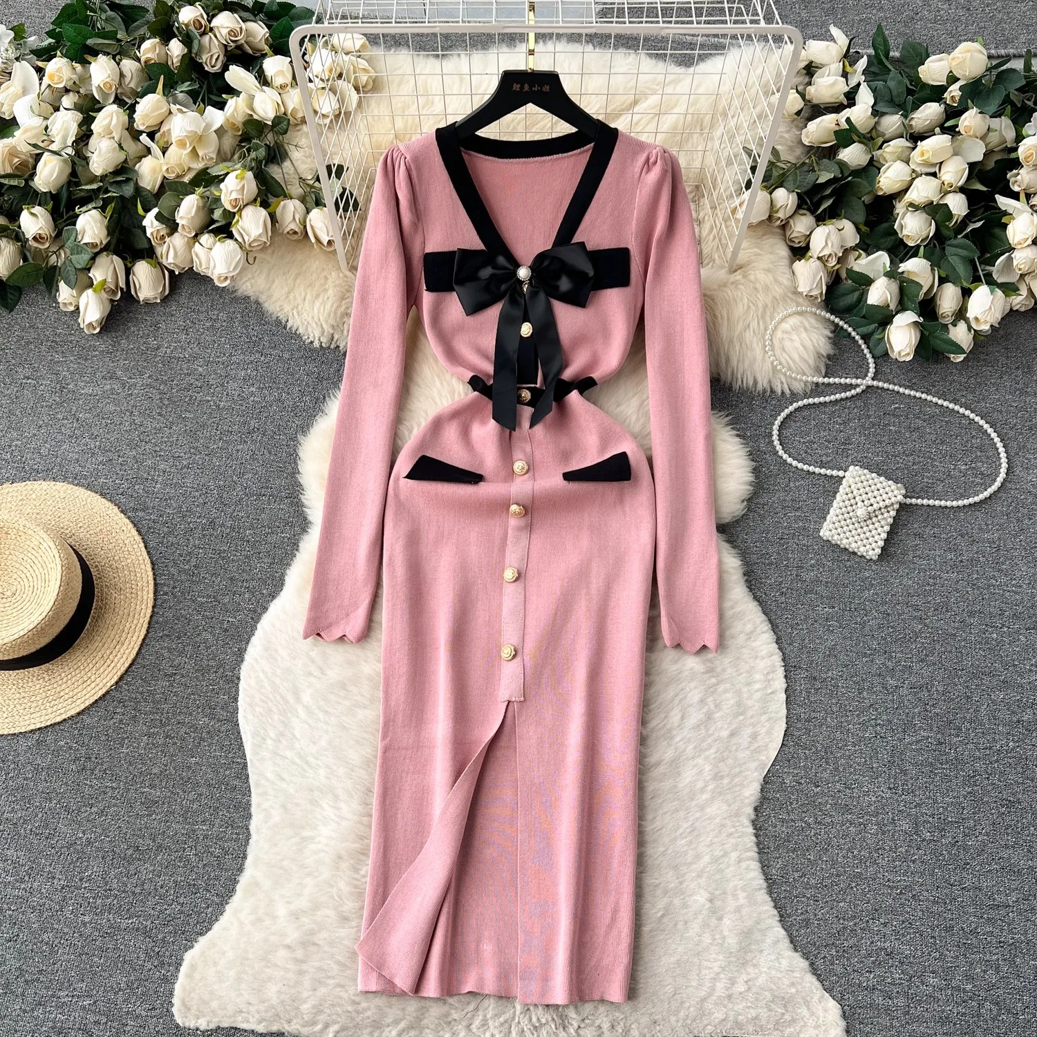 YuooMuoo Elegant Bodycon V-neck Bow Dress Women Autumn Winter 2024 Long Sleeve Front Split Office Lady Dress Chic Party Vestidos