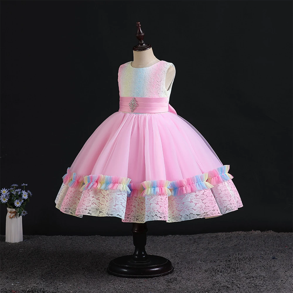HETISO Vintage Girls Rainbow Mesh Sleeveless Dress Lace Tulle Adorable Outfit Children's Elegant Prom Gown 4-12 Years