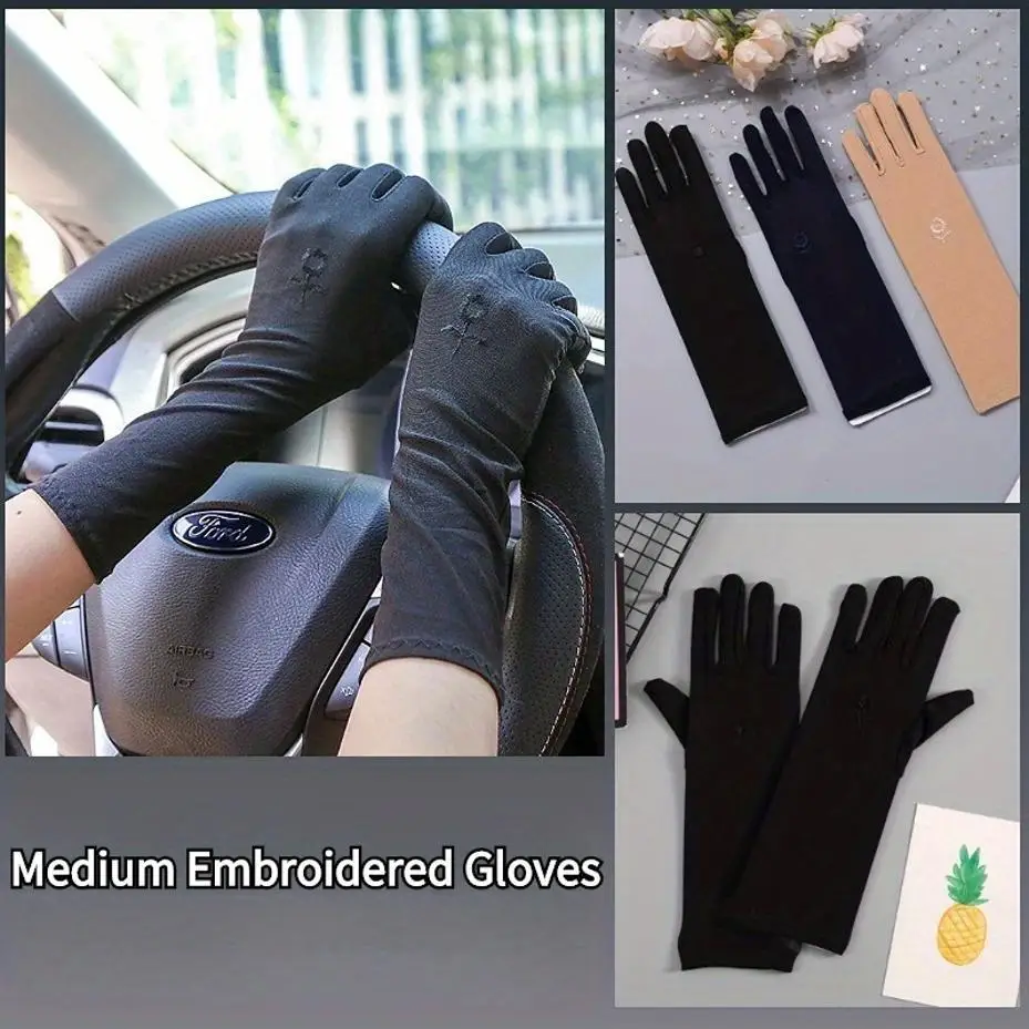 Classic Black 1 Pair Women Mid-long Sunscreen Gloves Summer Spring Lady Stretch Anti UV Slip Resistant Driving Glove Breathable