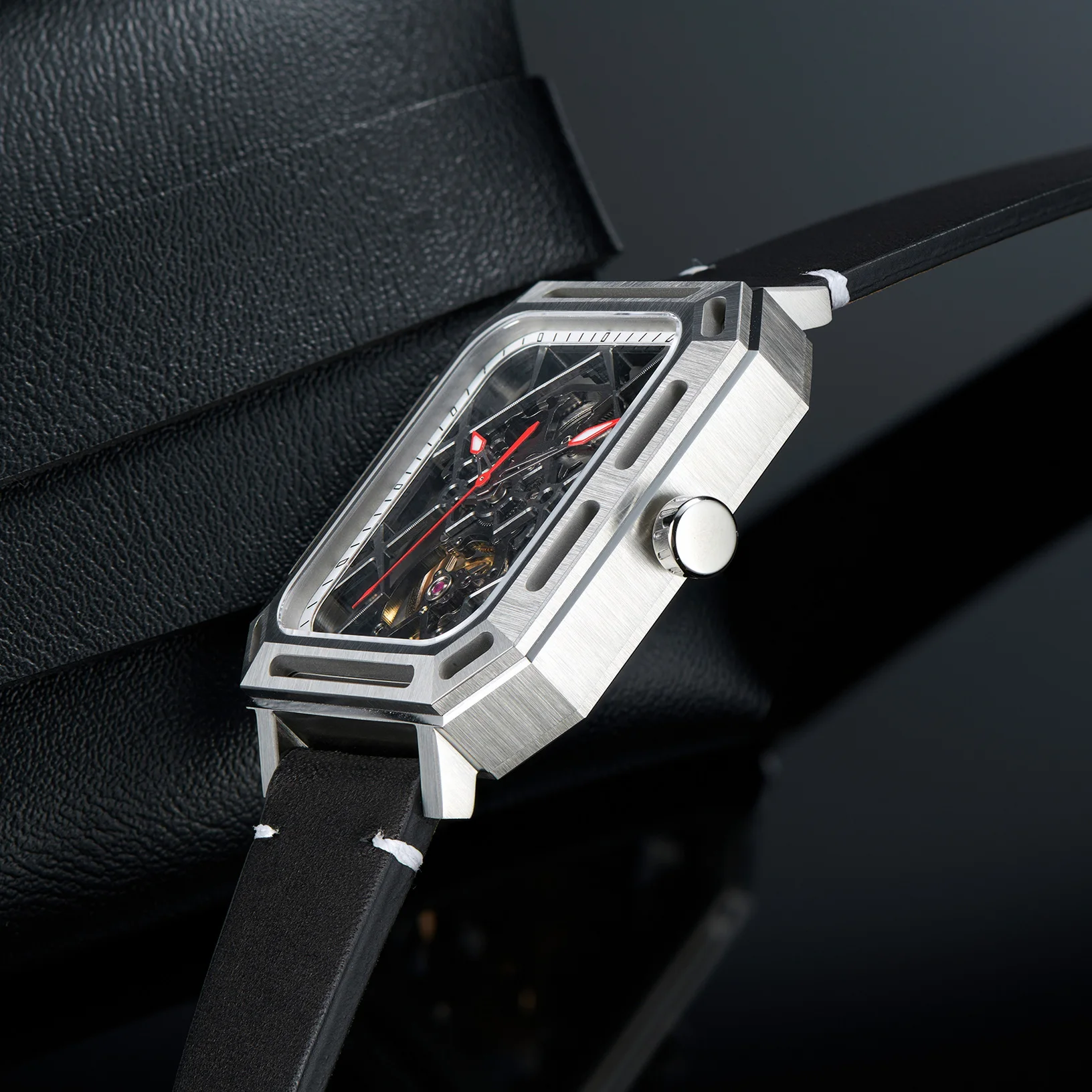 OBLVLO Men Automatic Watch 38MM*42MM Rectangle Mechanical Wristwatch Waterproof Sapphire Luminous Skeleton Dial