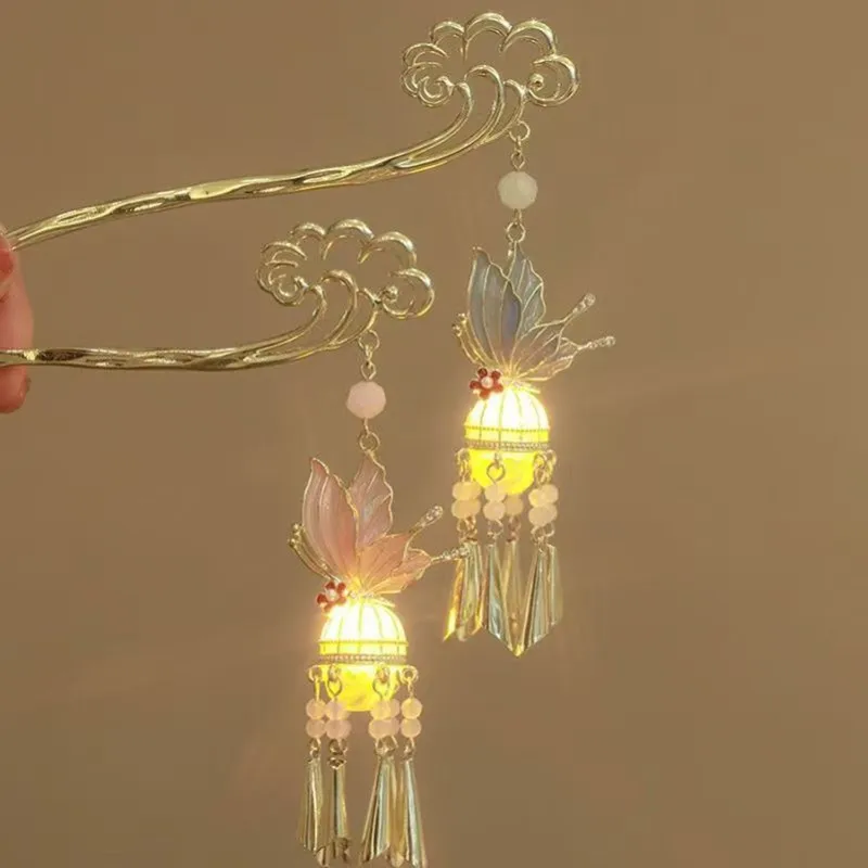 

Metal Chinese Style Hair Stick Luminous Lantern Hair Chopsticks Hairpin Tassel Pearl Hair Clip Hair Accessories Headdress