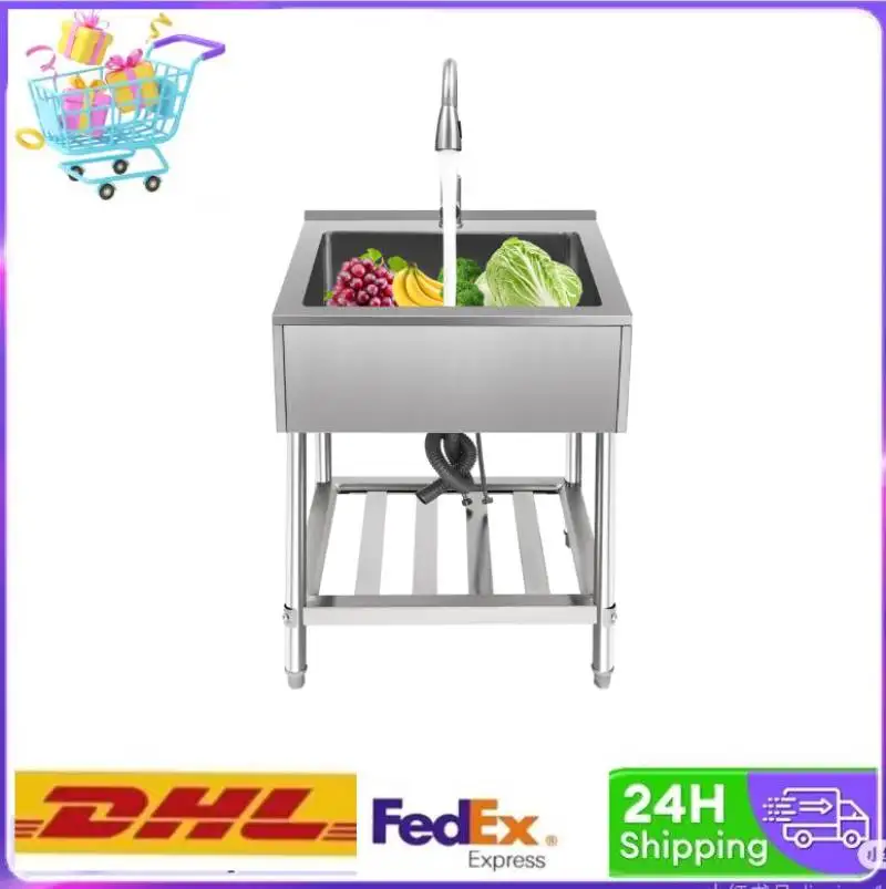 

25*22.05*34.25inch Single Bowl Laundry Sink, Commercial Sink with Pull-Out Faucet, Stainless Steel Laundry Sink with Stand