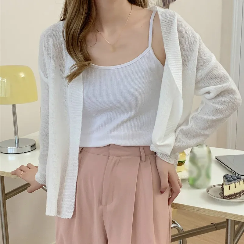 Summer Ice Silk Short Knitted Sunscreen Cardigan Solid Color Thin Versatile Casual Ice Silk Knit Cardigan Women Long Sleeve Top