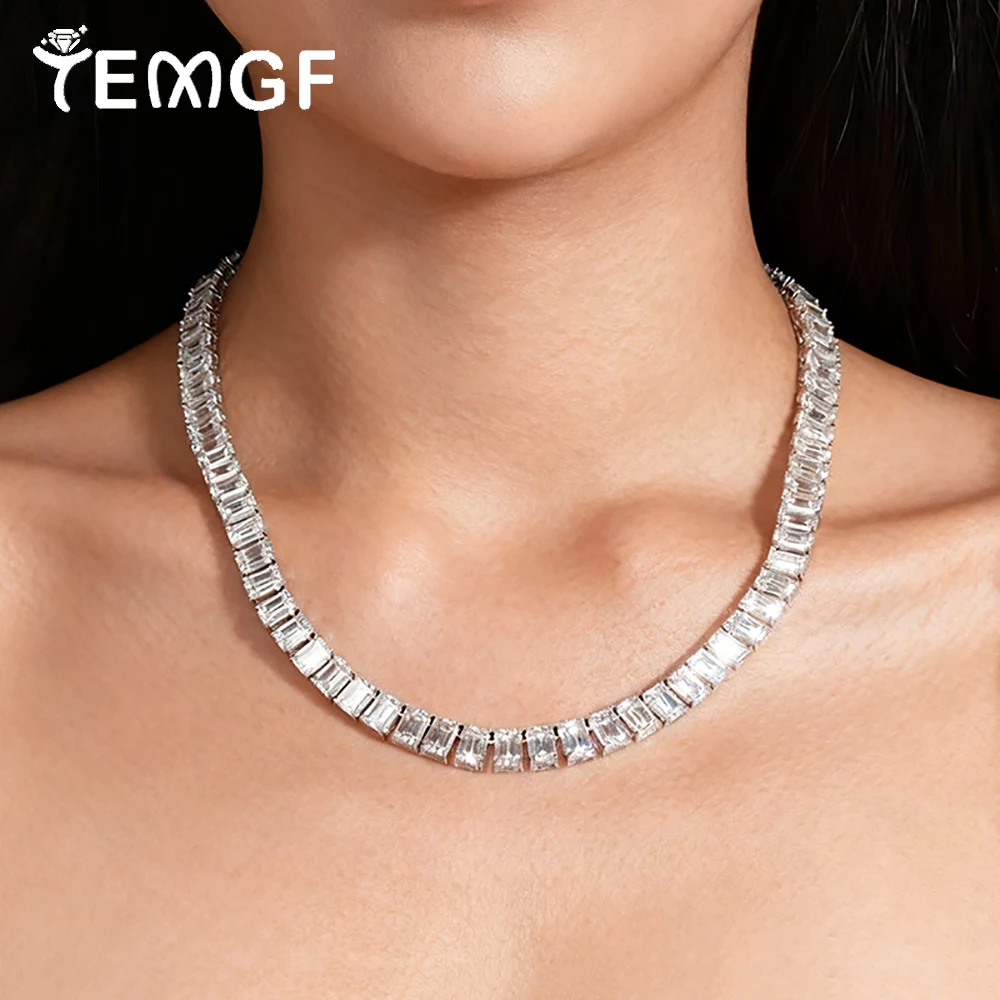 

TEMGF Wedding Luxury Moissanite Necklace for Women Men 925 Silver Chain Banquet Advanced Neck Jewelry Full 5*7 Emerald Cut Inlay