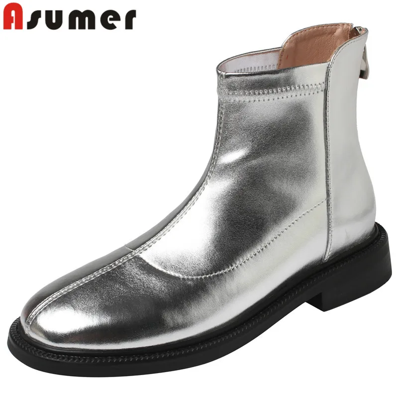 

ASUMER 2024 New Top Sale Genuine Leather Platform Boots Square Med Heels Ankle Boots Ladies Round Toe Zipper Winter Boots