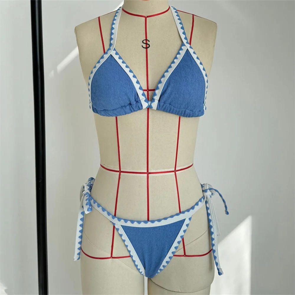 

Sexy Wrinkled Blue Beach Bikini Border Micro String Halter Swimsuit Backless Women Vacation Swimwear Bathing Suit 2 Piece Outfit