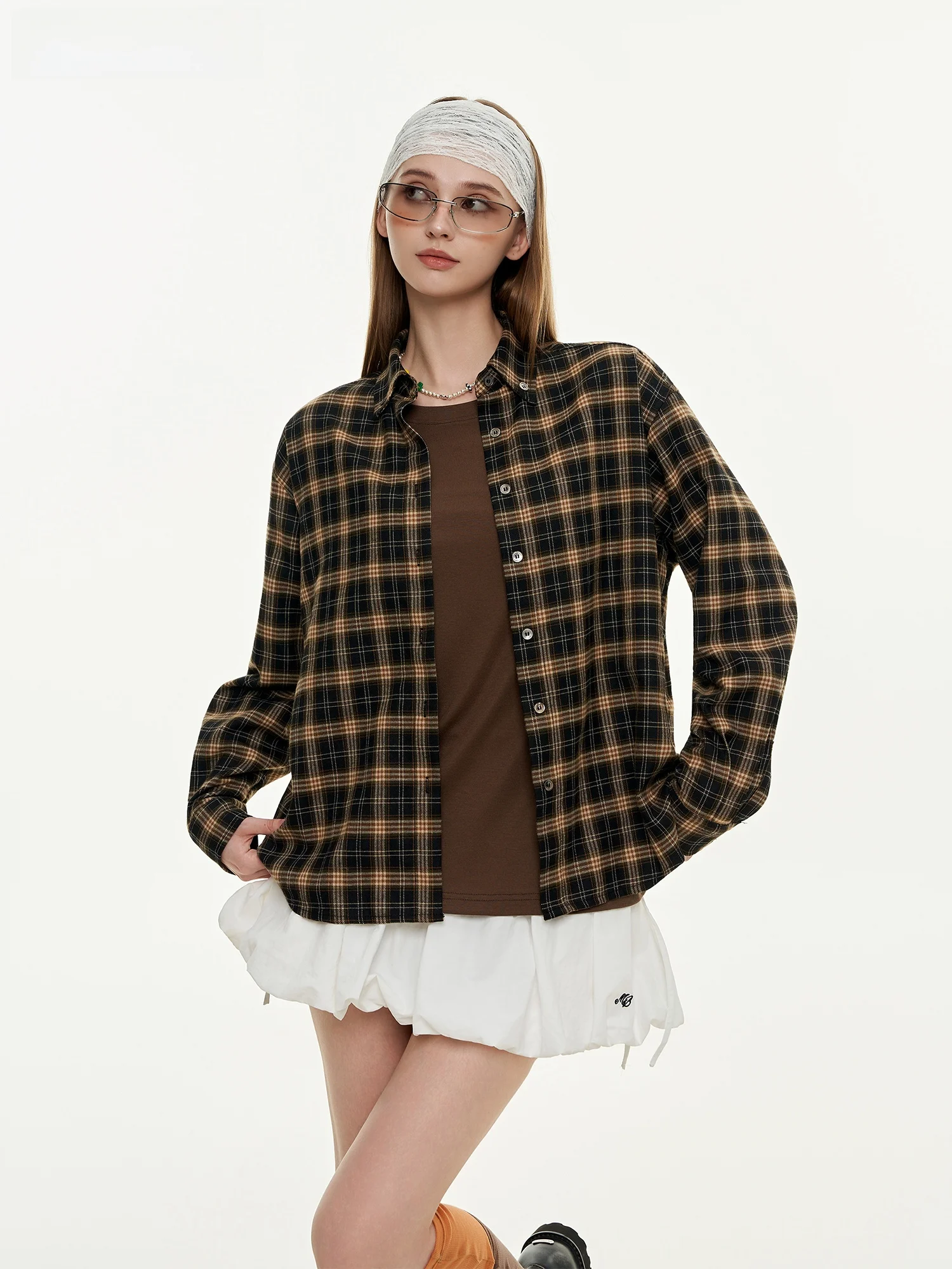 

MoodBerry American Retro Brown Plaid irt Women's Loose Casual Versatile irt Autumn Season Comfortable Breathable Polyeste...