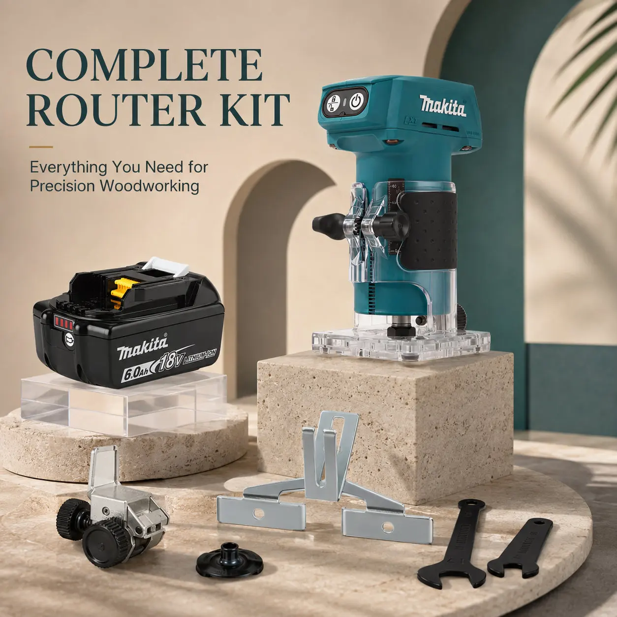 Professioneller, kabelloser Kompaktfräser Makita DRT52, betrieben mit 18V LXT-Akkus, gut geeignet für präzises Multitasking, Kantenbearbeitung und Holzschlitzen in Sondergrößen für Möbelprojekte.