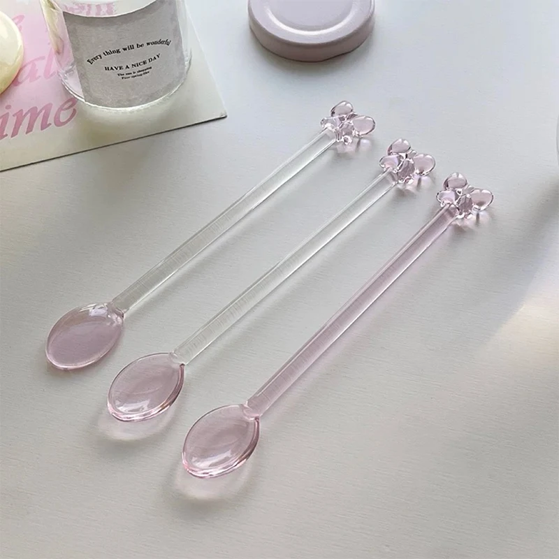 Pink Bow Glass Coffee Spoon Long Handle for Mixing Desserts and Milk Tea Decorative Party Tableware