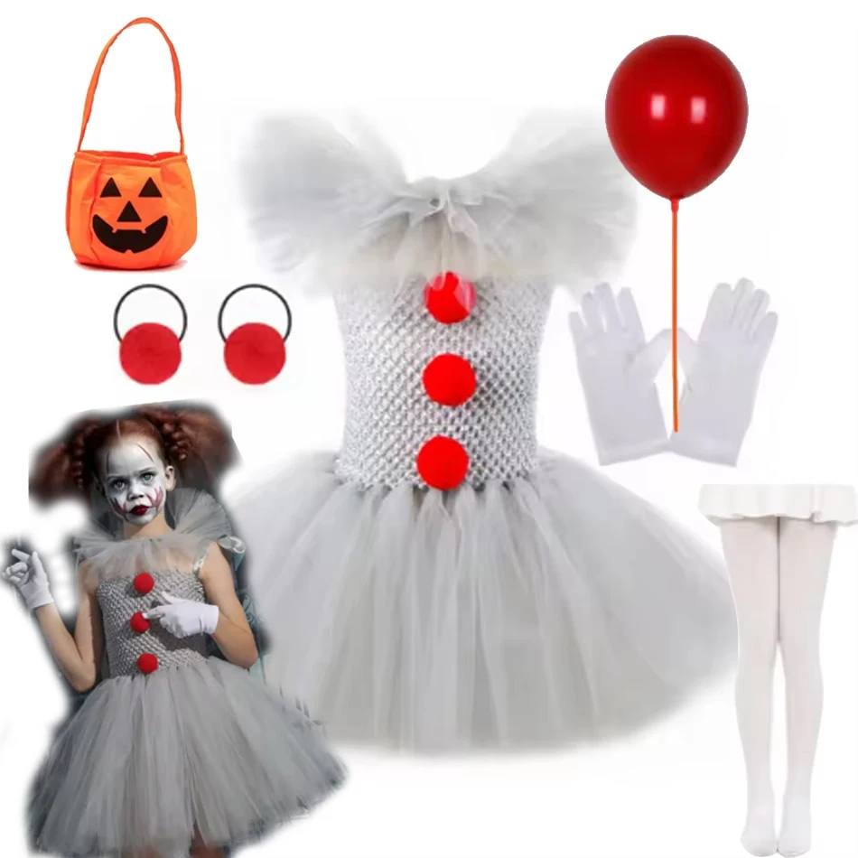 

Gray Joker Girls Halloween Costume Tutu Dress Creepy Clown Kids Carnival Party Cosplay Clothing Children Tulle Fancy Dress