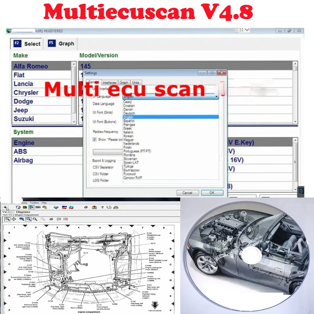Multiecuscan V4.8 OBD2 Scanner For European American Models Car Repair Software+ELM327+Flat Adapter Registered Unlimited Keygen