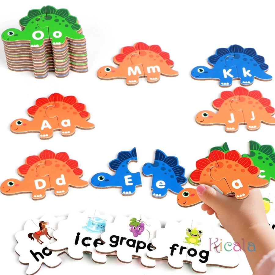 

Wooden Dinosaur Alphabet Matching Puzzle , Double Sided Cards Words And Letters Learning Toy for Kids Interactive Tabletop Game