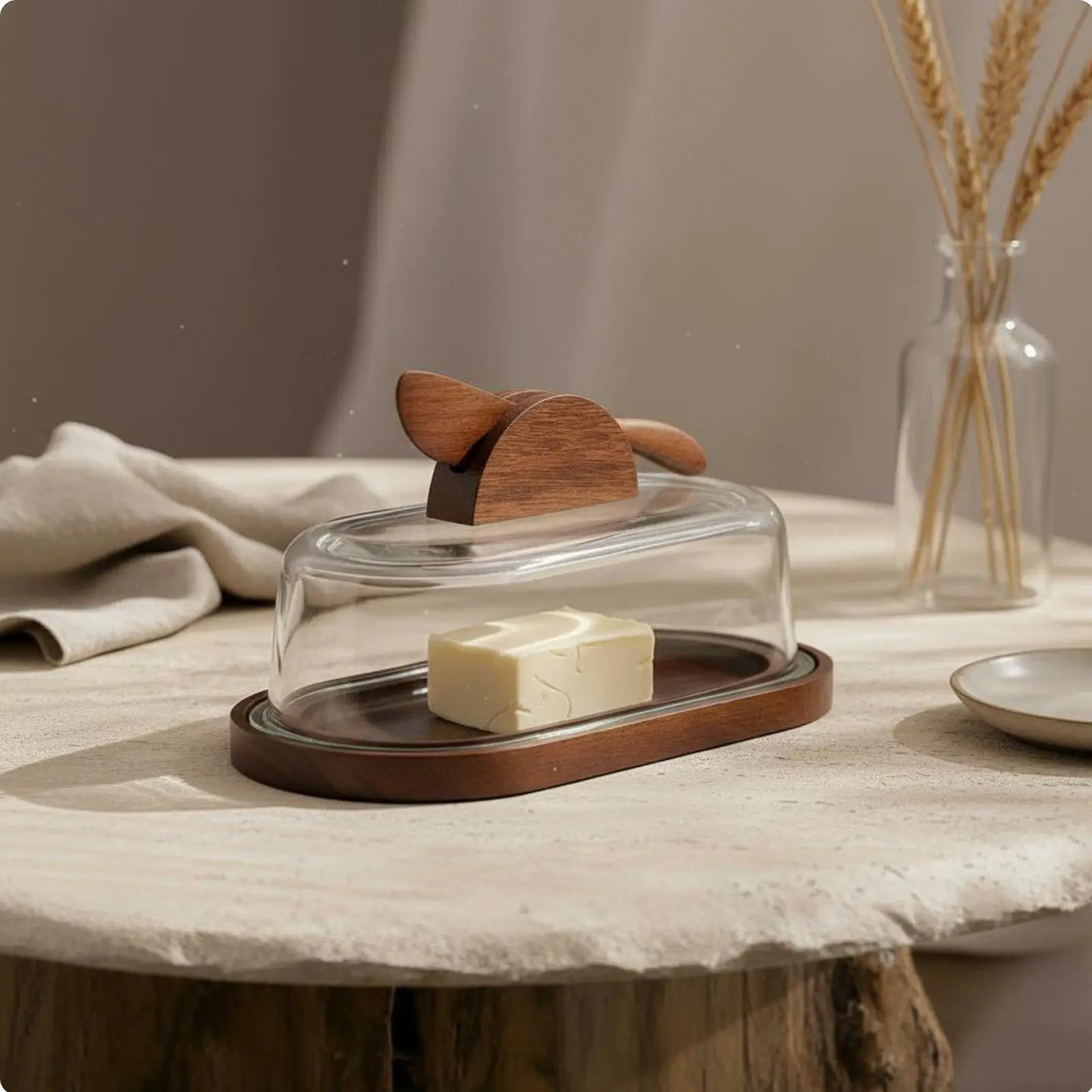 Dessert Storage Container with Wooden Base Glass Lid Butter Keeper for Fresh Serving Tray for Kitchen Table
