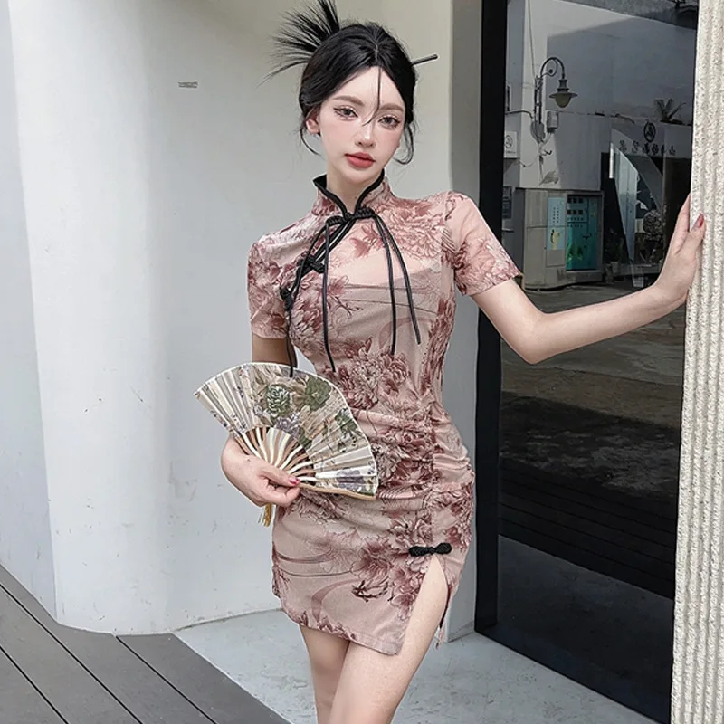 Китайский Cheongsam, летнее высокое тонкое элегантное длинное платье макси с цветочным принтом, горячая сексуальная короткая юбка, корейская модная женская одежда Y2K