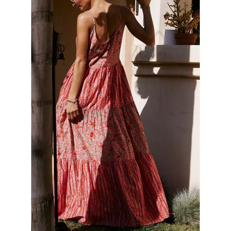 Combhasaki ผู้หญิงฤดูร้อน Boho Beachwear ดอกไม้พิมพ์ Contrast สีรอบคอ Backless หลวม A-Line Cami ชุดยาว
