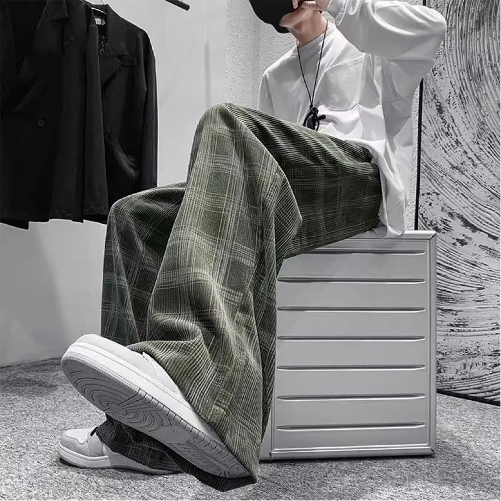 Men Checkered Casual Pants Loose Straight Corduroy Pants Sweatpants Man Fashion Streetwear Spring New Hip Hop Trousers Y2k Kpop