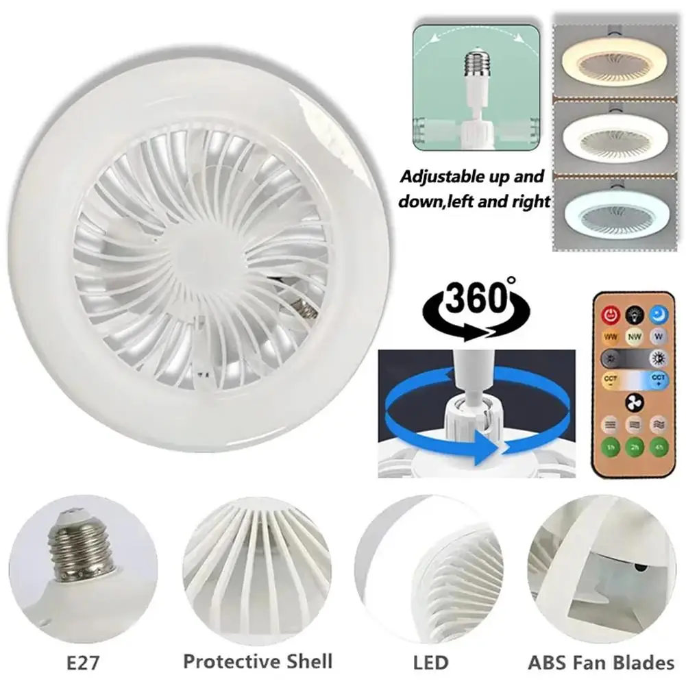 E27 LED Ceiling Fan Light 3 Color Dimmable 3 Speed 360° Rotatable Fan Bulb with Remote Control Timing Bedroom Fan Lamp