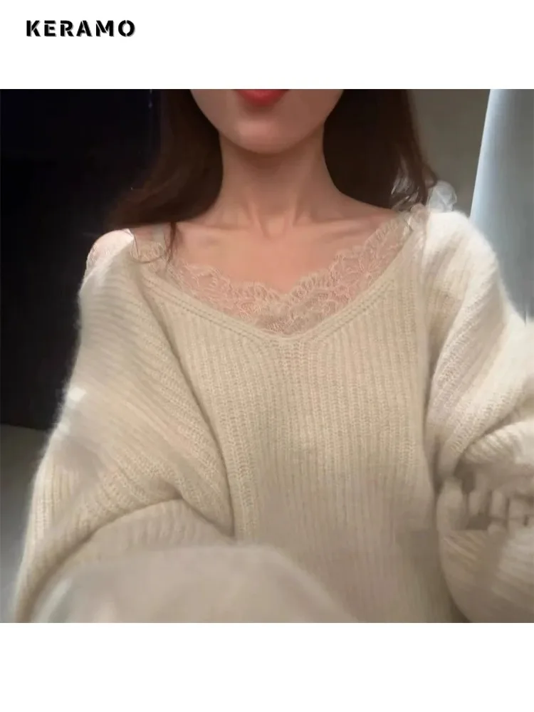 2025 inverno elegante sexy com decote em v tricô manga longa gyaru pullovers feminino coquette rendas retalhos bainha senhoras camisola branca