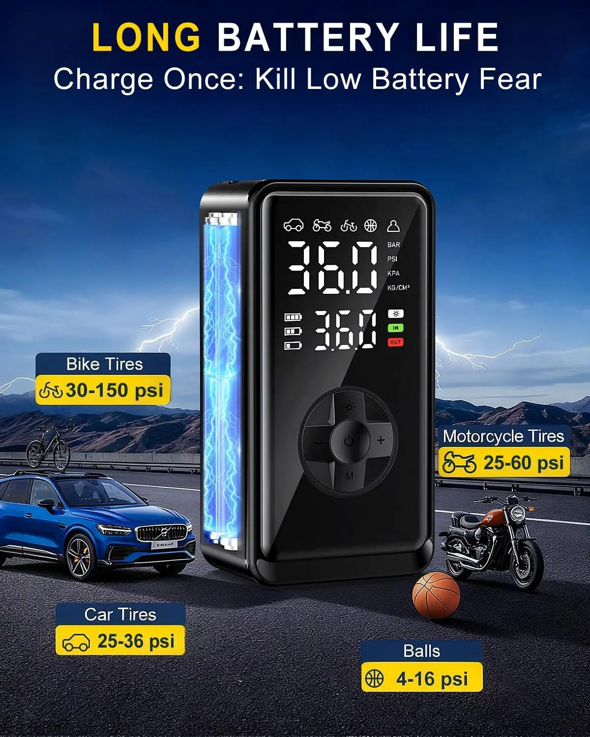 車、バイク、オートバイ用のLCDゲージ付きポータブルデジタルタイヤインフレーター - 高速充填