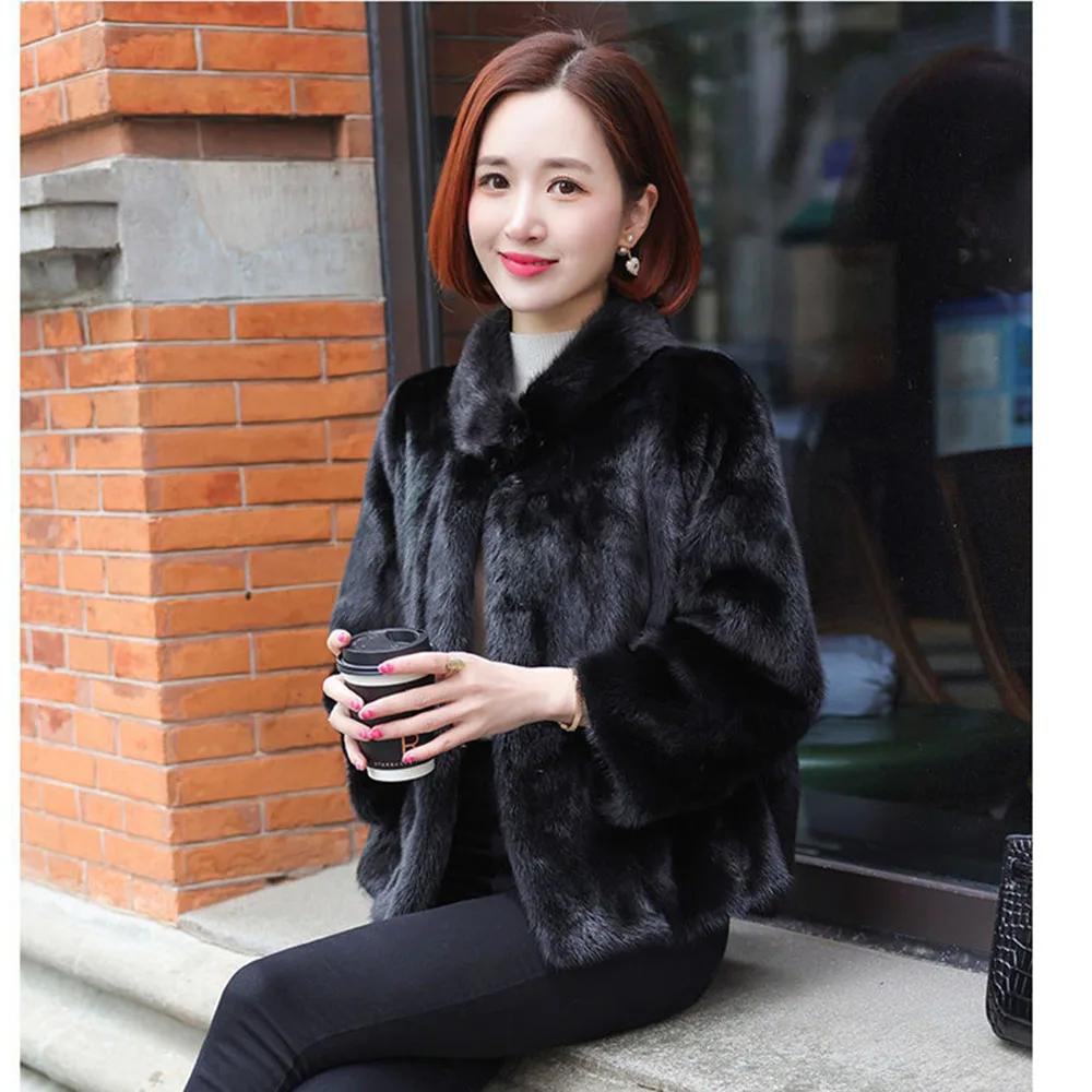 New Imitation Mink Fur Coat Women\'s Slim Stand Collar Short Black Fur Jacket Autumn Winter Loose Ladies Soft Faux Plush Overcoat