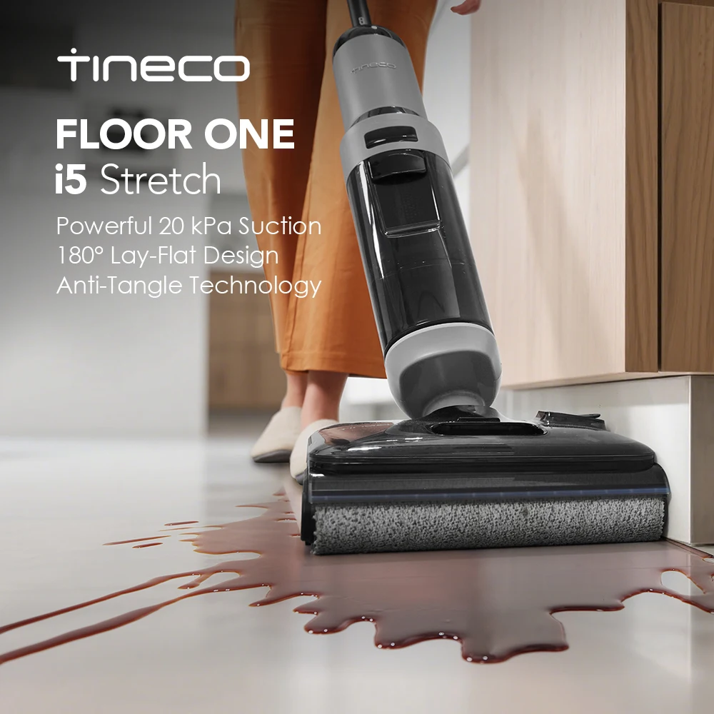 Aspiradora en seco y húmedo Tineco FLOOR ONE i5 Stretch, succión y limpieza 2 en 1, 180 ° Aspiradora Lay-Flat Wash, succión de 20 kPa, limpieza de bordes de doble cara, 30 minutos de funcionamiento,