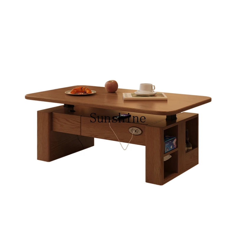 Solid wood intelligent electric lifting coffee table dining table dual-purpose multi-functional small mobile tea table