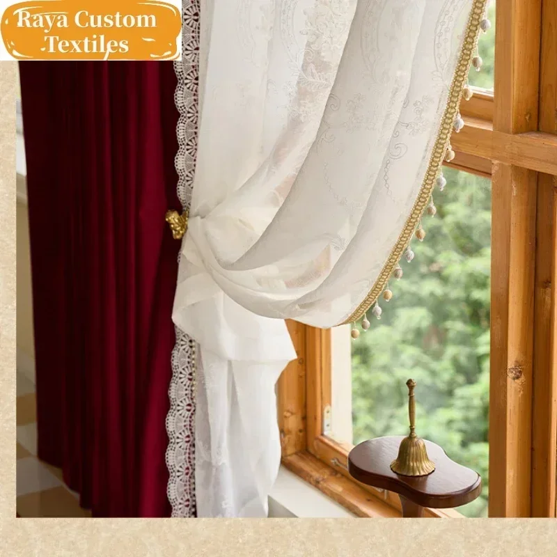 

Curtains for Living Room Dining Bedroom Burgundy Velvet Vintage Light Luxury Pearl Lace Palace Grace Artistic Sense Custom size