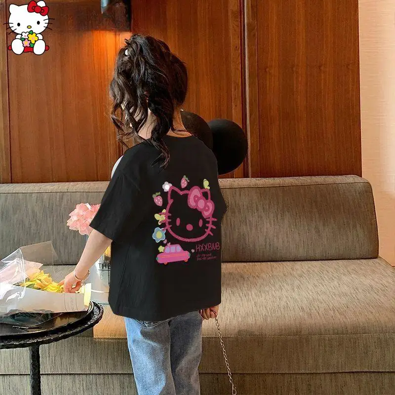 

Футболка с рисунком Kawaii для девочек, новинка Hello Kitty Sanrio, хлопковая летняя одежда с короткими рукавами, свободная повседневная одежда для детей среднего и большого размера