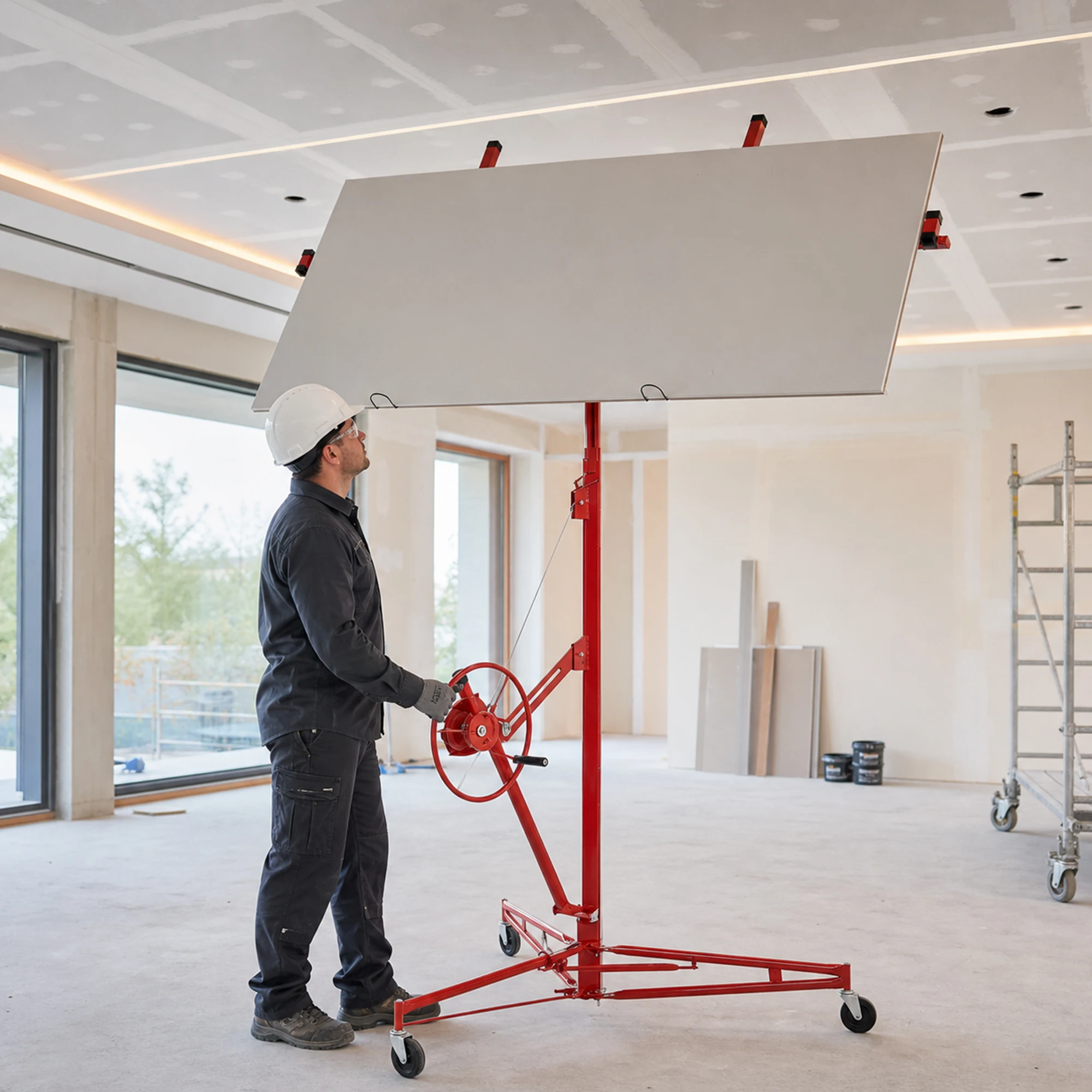 Professioneller Trockenbau-Hebelift, 470 cm maximale Höhe, 68 kg Tragkraft, Rollender Plattenheber mit 360° Drehung °   Drehbarer Kopf & Ausziehbare Arme, Robuste Lenkrollen, für Heimwerker,