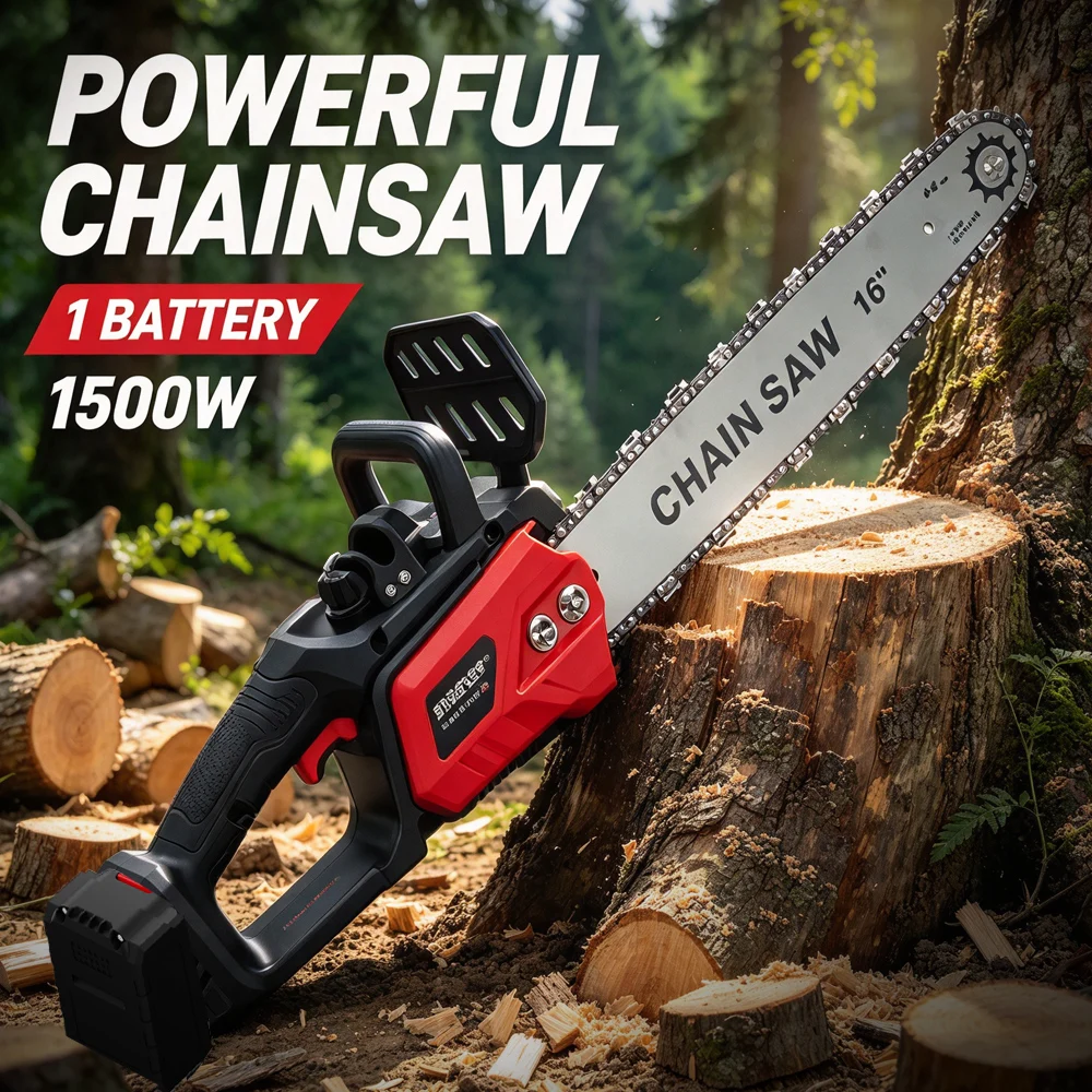 Powerful Cordless Electric Chainsaw 16 Inch/12 Inch Safety Lock Wood Cutting Saw for Tree Logging 1pc Battery
