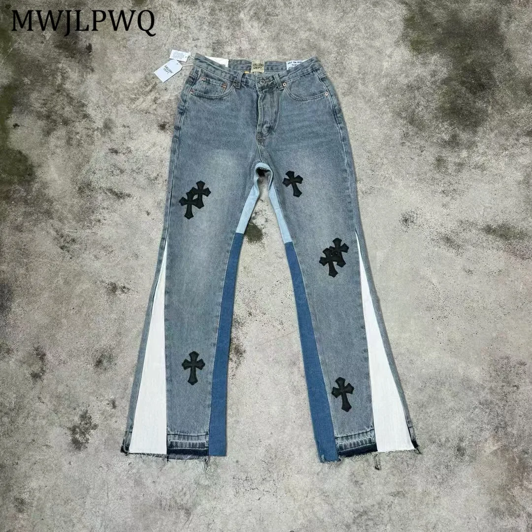 

MWJLPWQ Spliced Leather Denim Flared Pants Male High Street Hiphop Niched Design Washed Vintage Slimming Casual Tide Jeans 11257