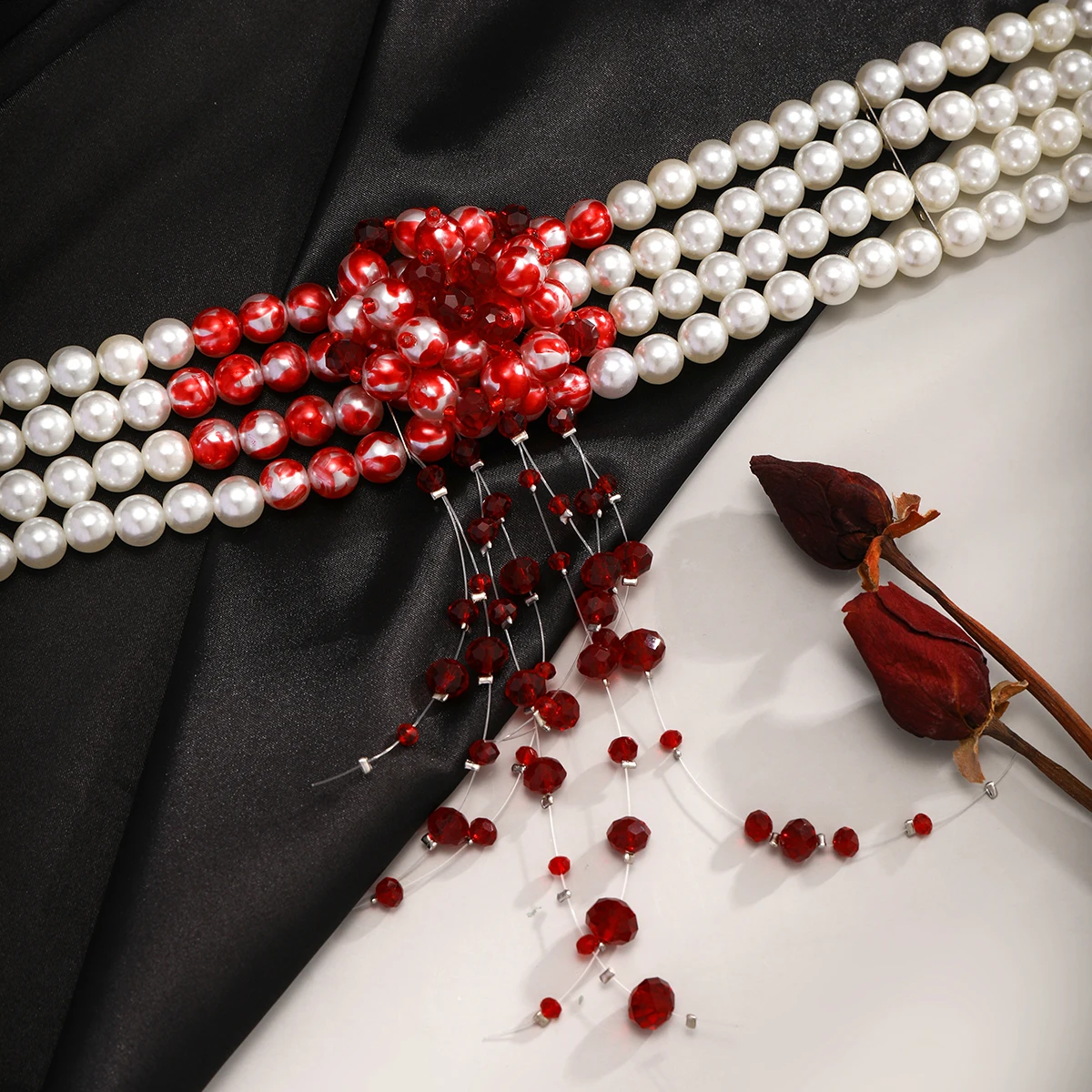 Ingesight. z mehr schicht ige Imitation Perlenkette für Frauen Gothic Drop Öl rote Kristall Quaste Choker Halskette Halloween Schmuck – Detail 15