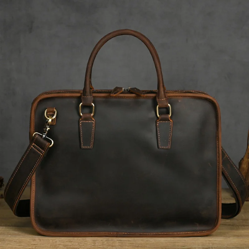 

Vintage Cow Leather Men's Briefcase With Zipper Horizontal Handbag Laptop Computer Bag High Capacity Man Shoulder Messenger Bag