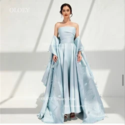 OLOEY Light Blue Strapless Evening Dresses With Feathers Cape Modest Women Saudi Arabia Wedding Party Dress Prom Black Gowns