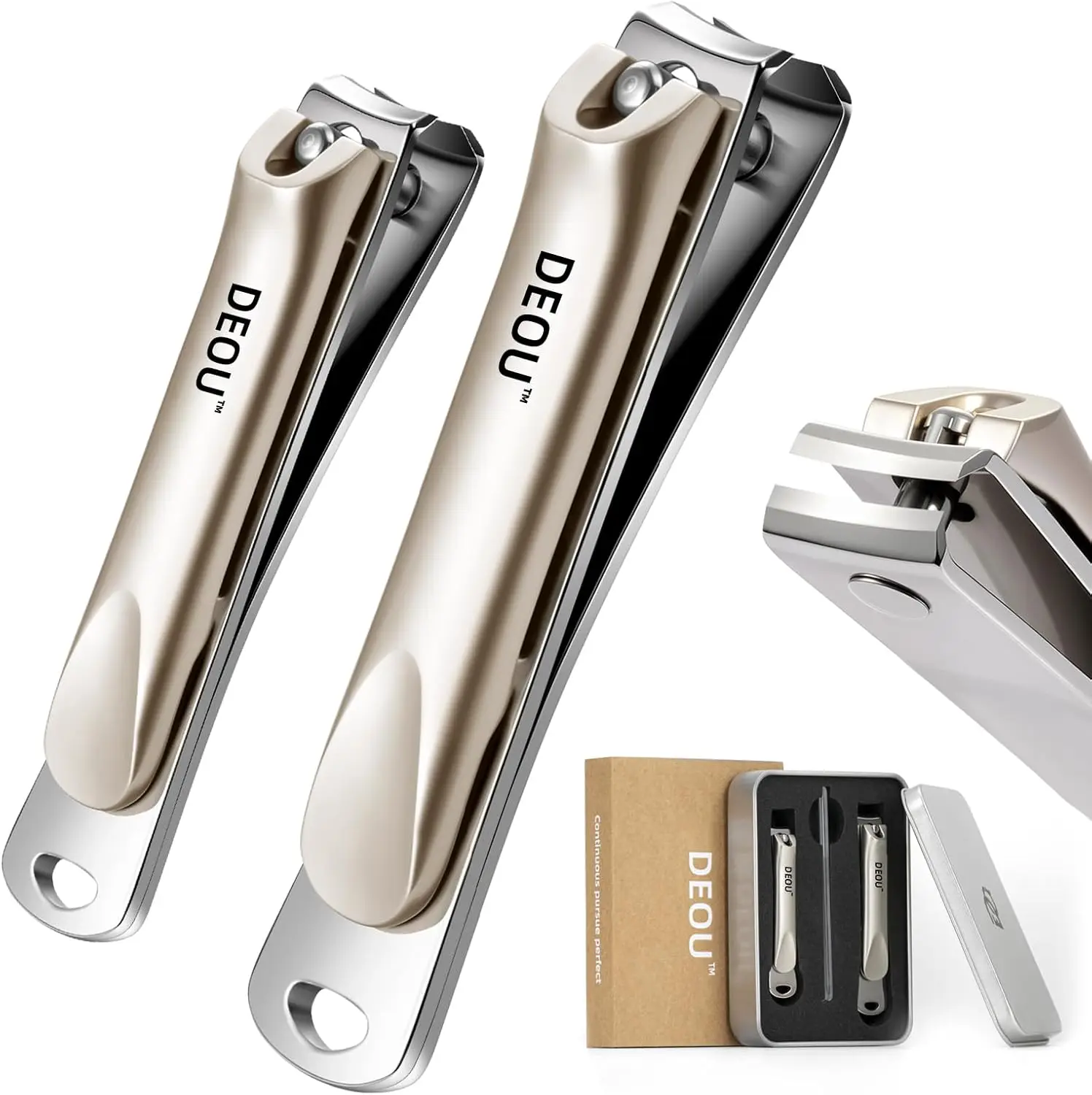 

3-in-1 Professional Nail Clipper Set - Stainless Steel Large/Medium Flat-Edge with Built-in File, Champagne Gold, Gift Box for Home & Travel