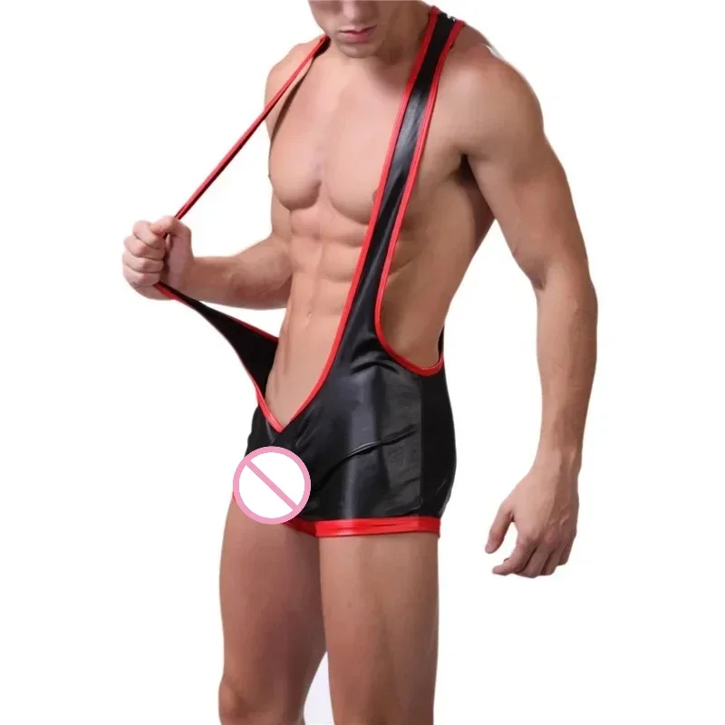 الرجال مثير ضيق المناسب بذلة جلدية لامعة قطعة واحدة الملابس الداخلية المثيرة الكتف عارية الذراعين مثلي الجنس هوديي حزام رياضي سترة المصارعة #1