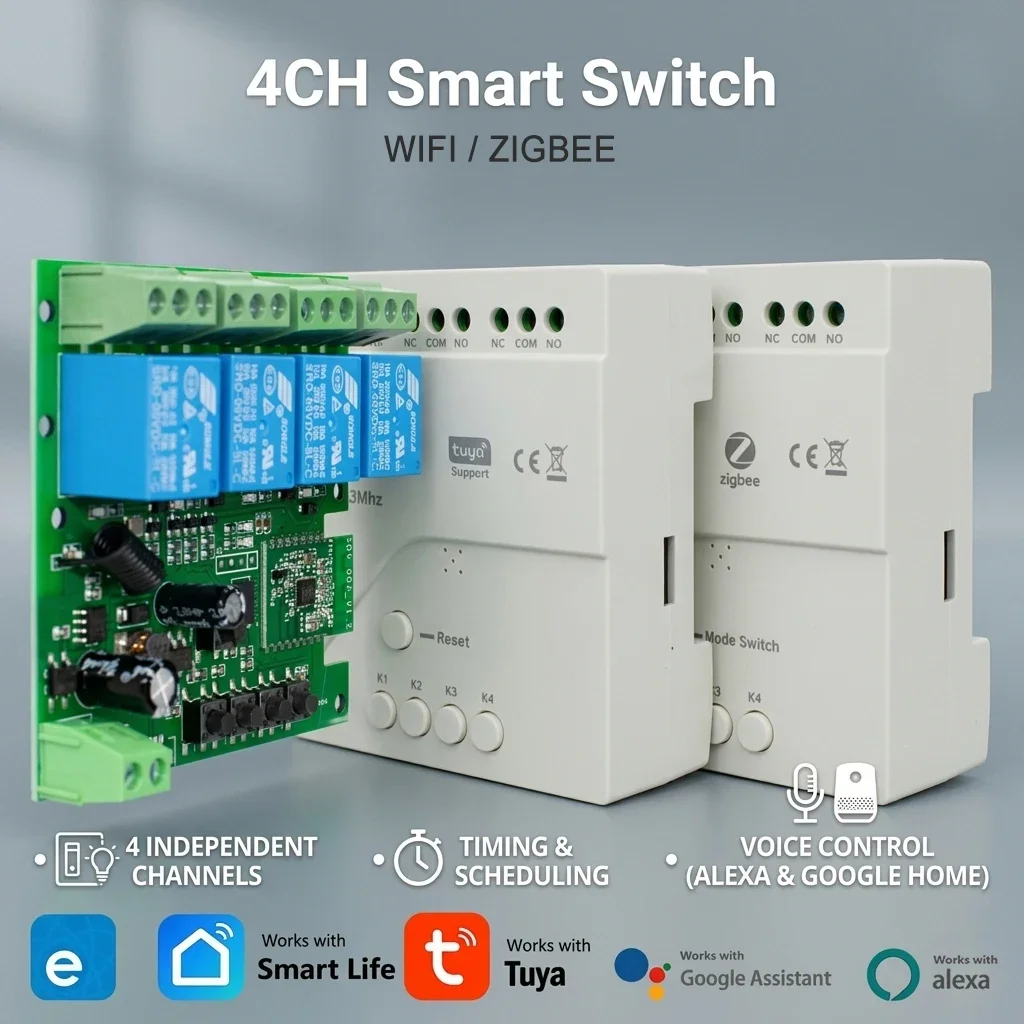 Tuya / Ewelink 4CH WiFi / Zigbee Smart Relay Switch Module 4 Channel AC DC 7-32V 85-250V RF433 Receiver for Alexa Google Home