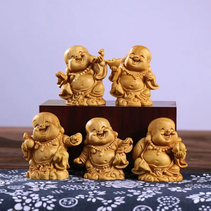 Yellow Poplar Carving Fu Lu Shou Xi Cai Smiling Maitreya Buddha New Chinese Style Solid Wood Home Accessories Handle Desktop