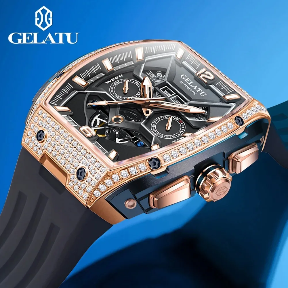 GELATU High Quality Tonneau Men\'s Watches Silicone Adhesive Tape Original Waterproof Hollow out Automatic Mechanical Male Clock